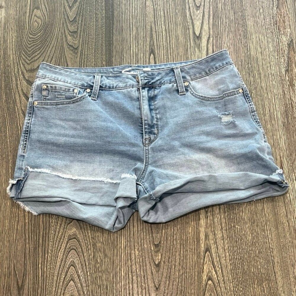 Seven7 Cut-Off Shorts Mid Rise Distressed Denim Stretch Light Wash Blue Size 12